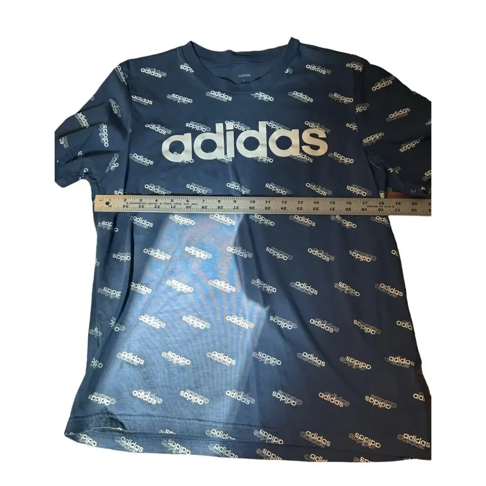 Blue White Adidas T Shirt Casual Preppy Print Graphic Cotton Sz Large